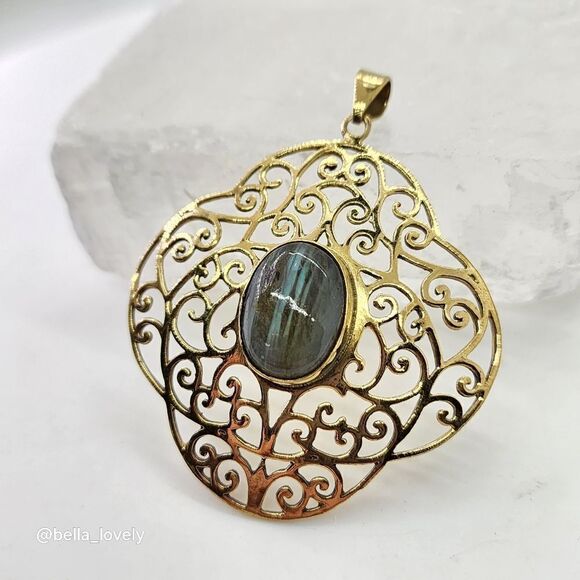 Labradorite Gold Toned Ethnic Handmade Filigree Pendant Jewelry 2.27" - Picture 4 of 6